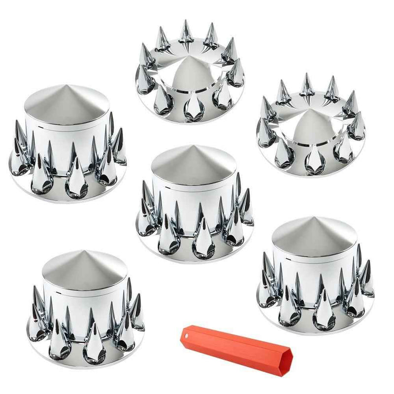 DURAFORCE Chrome Hub Cover Kit 33mm Axle Covers Spiked Front & Rear Semi Truck Wheel