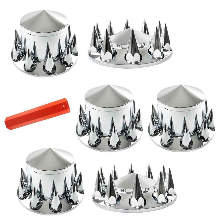 DURAFORCE Chrome Hub Cover Kit 33mm Axle Covers Spiked Front & Rear Semi Truck Wheel