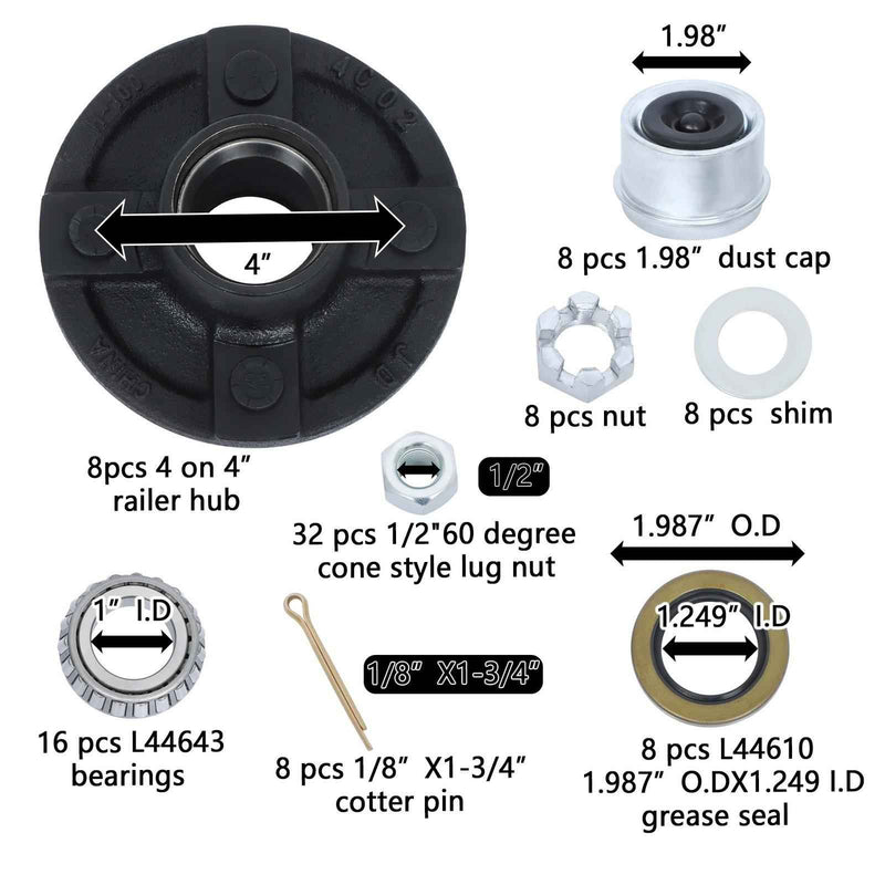DURAFORCE 8 Sets Boat Trailer Axle Kits with 4 on 4" Bolt Idler Hub & 1" Round BT8 Spindle