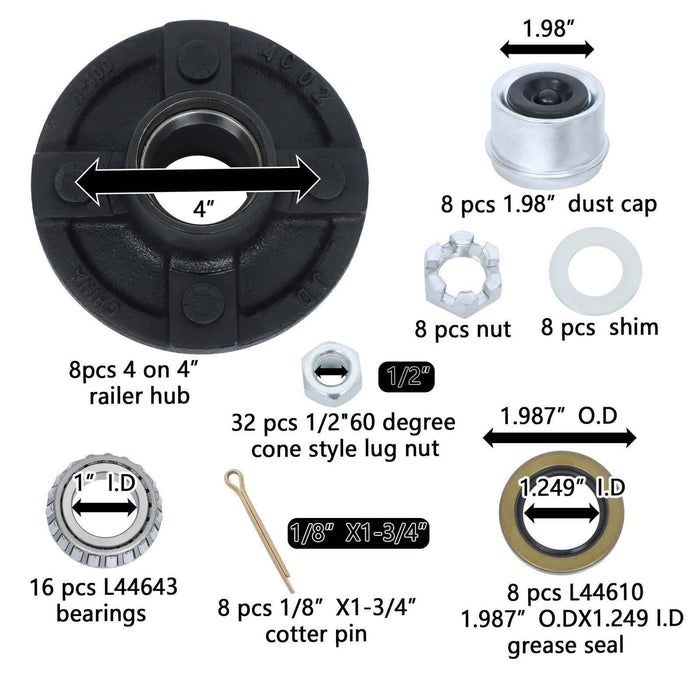 DURAFORCE 8 Sets Boat Trailer Axle Kits with 4 on 4" Bolt Idler Hub & 1" Round BT8 Spindle