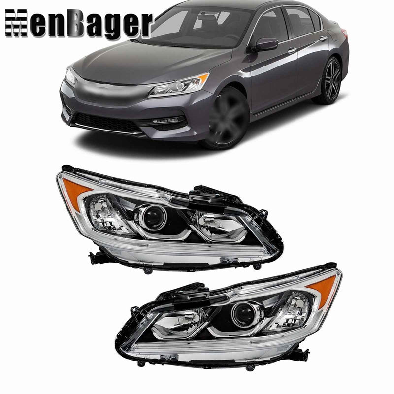 DURAFORCE For 2016 2017 Honda Accord Headlights Replacement Halogen w/DRL Housing Black
