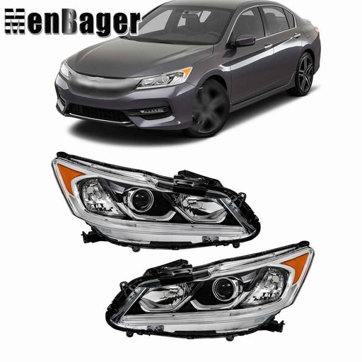 DURAFORCE For 2016 2017 Honda Accord Headlights Replacement Halogen w/DRL Housing Black
