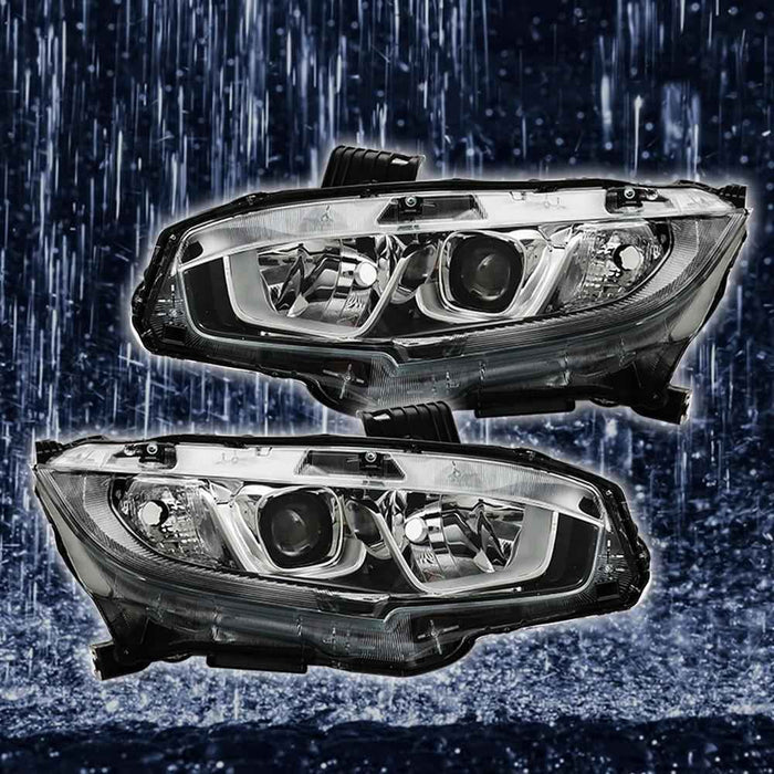DURAFORCE For 2016-2020 Honda Civic Chrome Halogen LED DRL Headlights Assy Right&Left Side