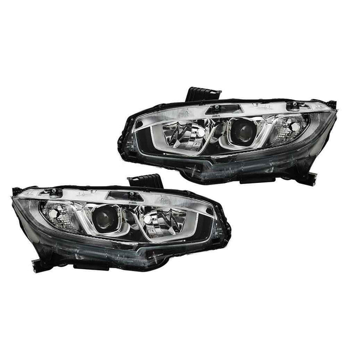 DURAFORCE For 2016-2020 Honda Civic Chrome Halogen LED DRL Headlights Assy Right&Left Side