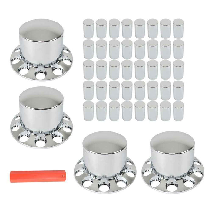 DURAFORCE 4 Pack 33mm Chrome Semi Truck Rear Wheel Axle Covers W/ Hub Caps Lug Nuts Set