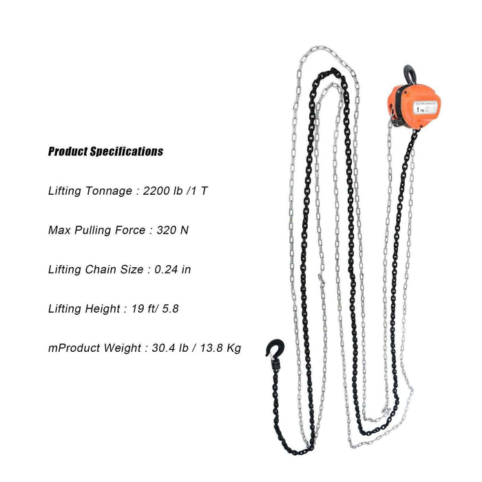 DURAFORCE Chain Hoist 1 Ton Capacity 20 Feet Manual Hand Lift G80 Steel Chain Block Hoist