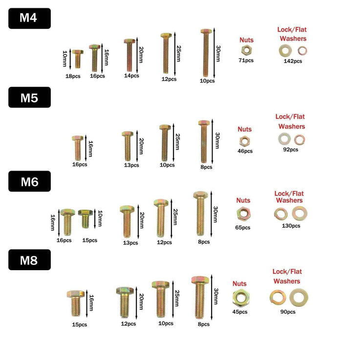 DURAFORCE M4 M5 M6 M8 907PCS Alloy Steel Bolts and Nuts Flat & Lock Washers Assortment Kit