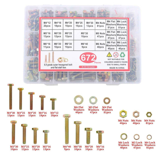 DURAFORCE 672 × M4 M5 M6 Alloy Steel Bolts and Nuts Flat With Lock Washers Assortment Kit