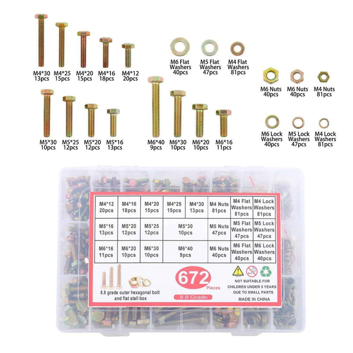 DURAFORCE 672 × M4 M5 M6 Alloy Steel Bolts and Nuts Flat With Lock Washers Assortment Kit