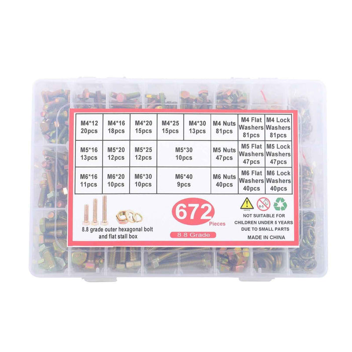 DURAFORCE 672 × M4 M5 M6 Alloy Steel Bolts and Nuts Flat With Lock Washers Assortment Kit