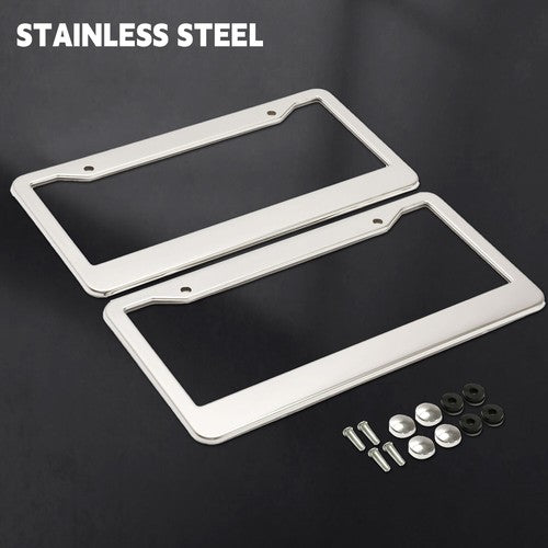 Chrome Stainless Steel Metal License Plate Frame Tag Cover With Screw Caps 2 Pack