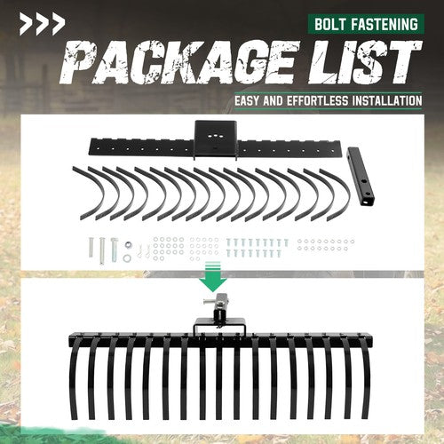 DURAFORCE 48" Landscape Rake Pine Straw Rake Rock Rake Fits 2" Receiver ATV/UTV Tractors