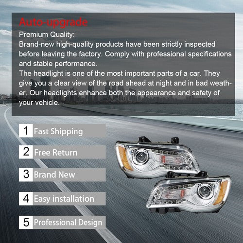 DURAFORCE Pair Set For Chrysler 300 2011-2014 Headlight Replacement Halogen Clear Lens L+R