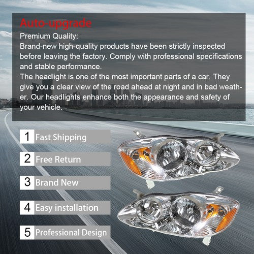 DURAFORCE Headlights For Toyota Corolla 2003-2008 LH+RH 1Pair Chrome Housing Clear Lens