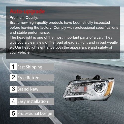 DURAFORCE Fit For Chrysler 300 2011-2014 LH/Left Headlight Replacement Chrome Housing