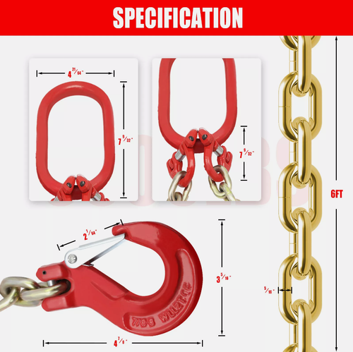 DURAFORCE 2PCS 5/16"x6' G80 Chain Lifting Sling 2 Legs 3T/6600lbs Capacity w/ Grab Hooks