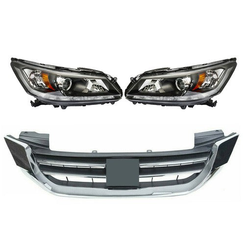 DURAFORCE Headlights W/LED DRL Halogen& Bumper Grille For 13-15 Honda Accord Chrome Pair