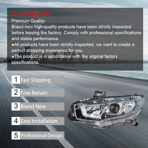 DURAFORCE Headlight Assembly Halogen Chrome Clear Driver LH Side For Honda Civic 2016-2020