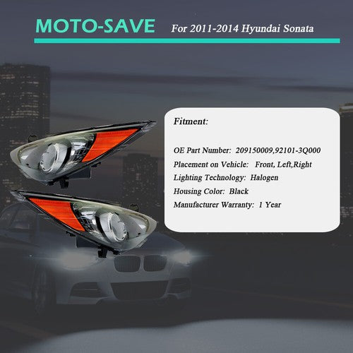 DURAFORCE Black Headlights Headlamps Housing Right&Left Side For Hyundai Sonata 2011-2014