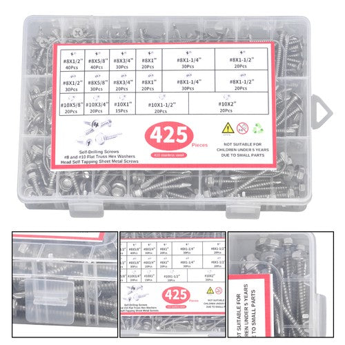DURAFORCE 425PC 410 Stainless Steel Self-Tapping Screws #8#10 Self-Drilling Assortment Kit