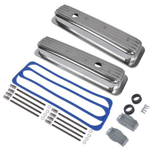 DURAFORCE Finned Polished Aluminum Center Bolt Short Valve Covers For SBC 350 5.7 5.0 V8