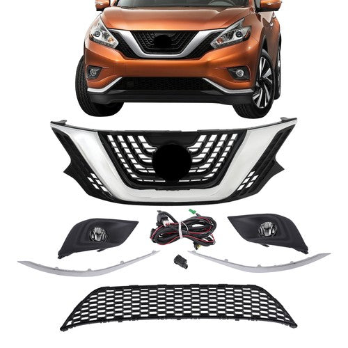 DURAFORCE 8pcs For Nissan Murano 2015-2018 Front Grill Bumper Trim Molding+Foglights Set