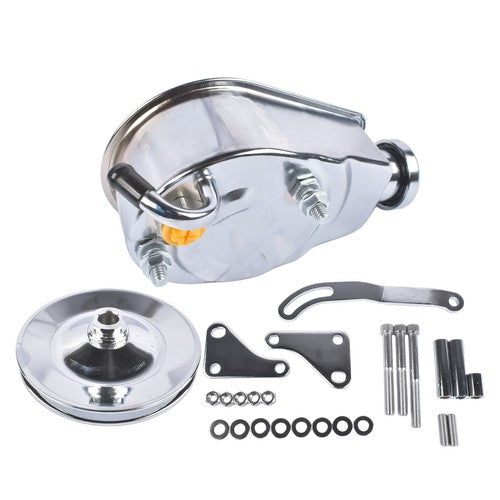 DURAFORCE For Chevy SBC 265 283 Chrome Steel Power Steering Pump With Bracket Kit & Pulley