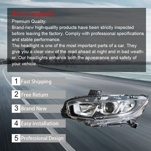 DURAFORCE Headlight Assembly For Honda Civic 2016-2020 Headlamps Left + Right Side Halogen