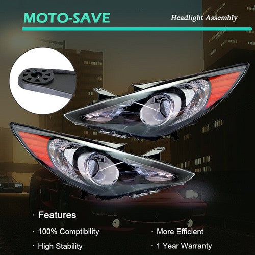 DURAFORCE Black Headlights Headlamps Housing Right&Left Side For Hyundai Sonata 2011-2014