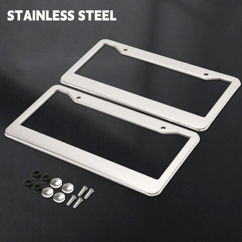 Chrome Stainless Steel Metal License Plate Frame Tag Cover With Screw Caps 2 Pack