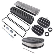 DURAFORCE Finned Tall Valve Covers & 12 Oval Half Air Cleaner & Breather Kit for SBC Black