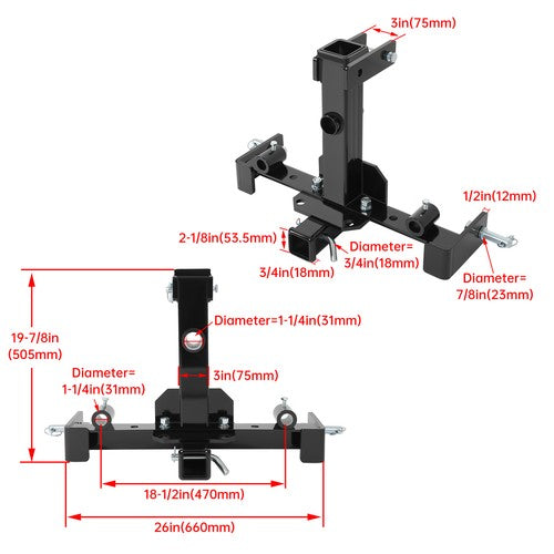 DURAFORCE 3 Point Receiver Trailer Hitch Attachment For Cat 1 Tractor Tow Drawbar Adapter