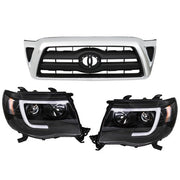 DURAFORCE Pair Headlights Front Grille Chrome Shell W/Black Insert For 05-11 Toyota Tacoma