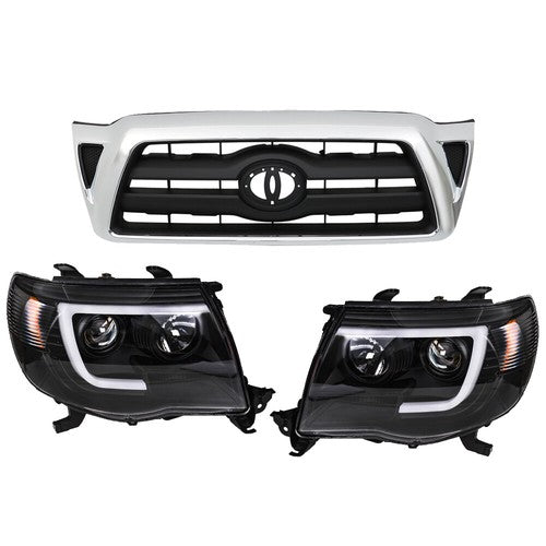 DURAFORCE Pair Headlights Front Grille Chrome Shell W/Black Insert For 05-11 Toyota Tacoma
