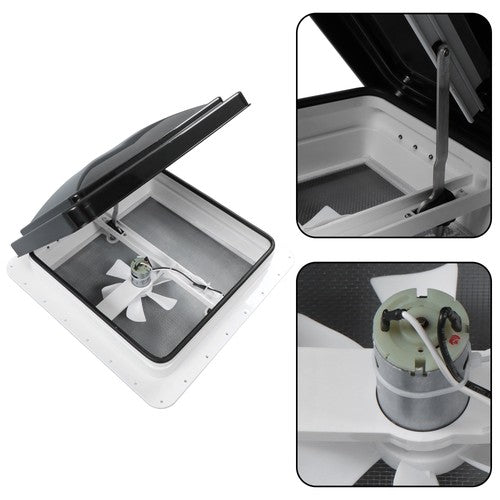 DURAFORCE 14" x 14" 12V Reversible FAN Kit RV Roof Vent For Camper Manual Lift Black Lid