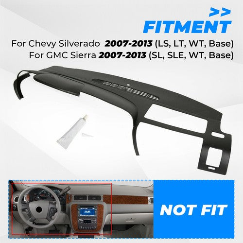 Black Dash Cover Textured Overlay for Silverado 1500 LS LT 2007-2013 1-Piece