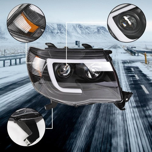 DURAFORCE Halogen Headlights Fit For Toyota Tacoma 2005-2011 LED Tube Black Clear Lens