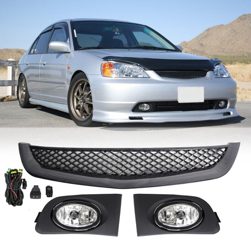 DURAFORCE Front Mesh Grille & Fog Lights Lamps for 2001-2003 for Honda Civic Sedan