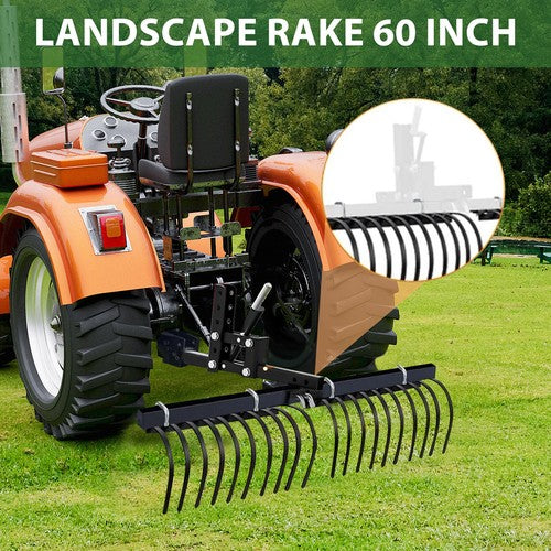 DURAFORCE 60 Inch Landscape Rake Rock Rake Pine Straw Rake 20 Tines For Tractor ATV UTV
