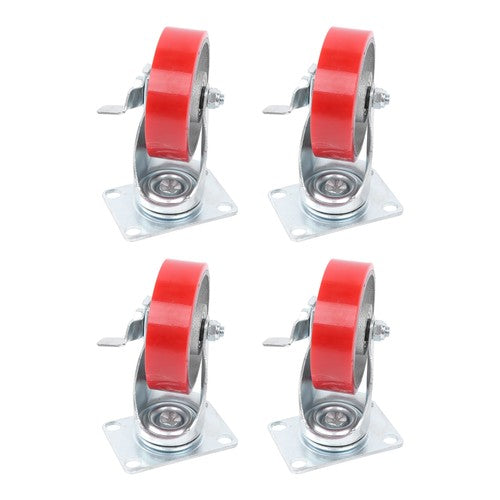 DURAFORCE Four 4-inch red polyurethane galvanized casters with side brakes