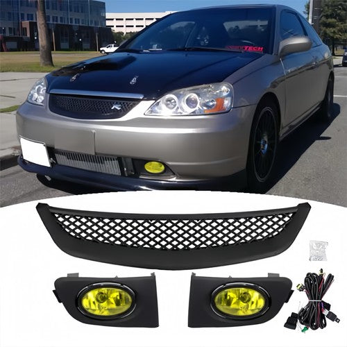 DURAFORCE Front Mesh Grille Yellow Lens Fog Lights for 2001-2003 for Honda Civic Sedan