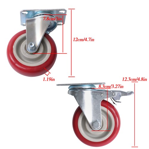 DURAFORCE 4 pcs 4-inch universal casters red (2 with brakes and 2 without brakes)
