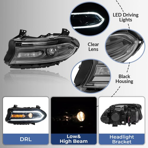 Left Driver Side Headlight Projector Assembly for Dodge Charger 2015 2023 Black