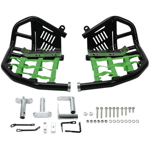 DURAFORCE Black Nerf Bars Green Net For Kawasaki KFX450R 2008-2015 Pro Peg Heel Guard