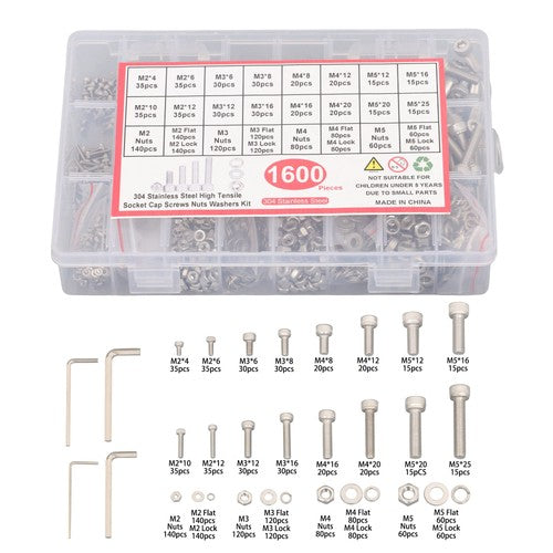DURAFORCE 1600 Piece Metric Screw Assortment,M2 M3 M4 M5 Metric Bolt ,304 Stainless Steel