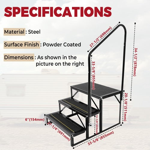 3 Step Anti-Slip 660lbs Stair With Handrail for RV Camper Hot Tub Portable