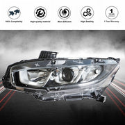 DURAFORCE Headlight Assembly Halogen Chrome Clear Driver LH Side For Honda Civic 2016-2020