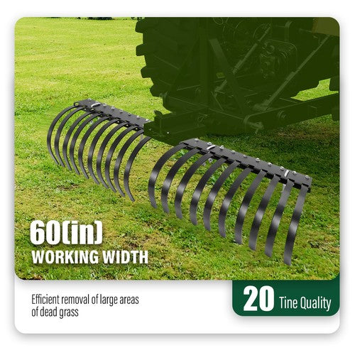 DURAFORCE 60 Inch Landscape Rake Rock Rake Pine Straw Rake 20 Tines For Tractor ATV UTV