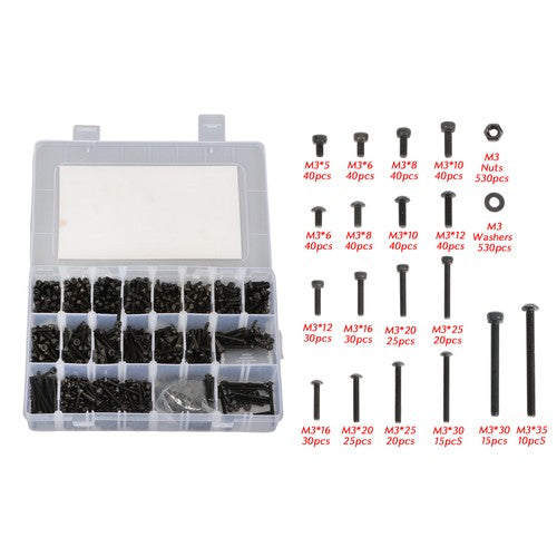 DURAFORCE 1590 pcs M3 Screw Kit with Hex Button and Socket Head Bolts, Nuts, and Washers
