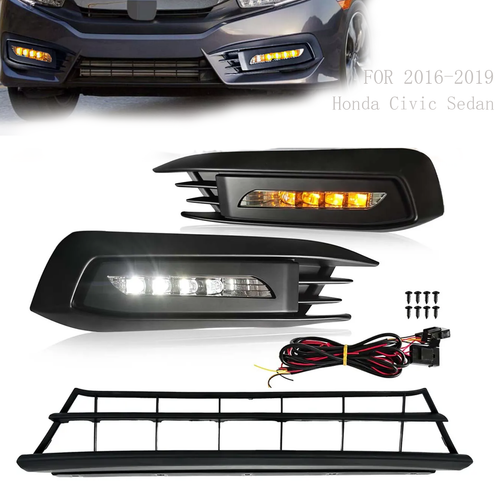 DURAFORCE Front Bumper Lower Grille & DRL Fog Light Lamp for 2016-2018 for Honda Civic